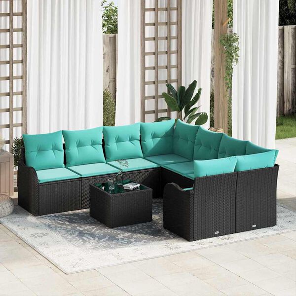 vidaXL Garden Sofa Set with Cushion Manual 9 pcs Black and Turquoise