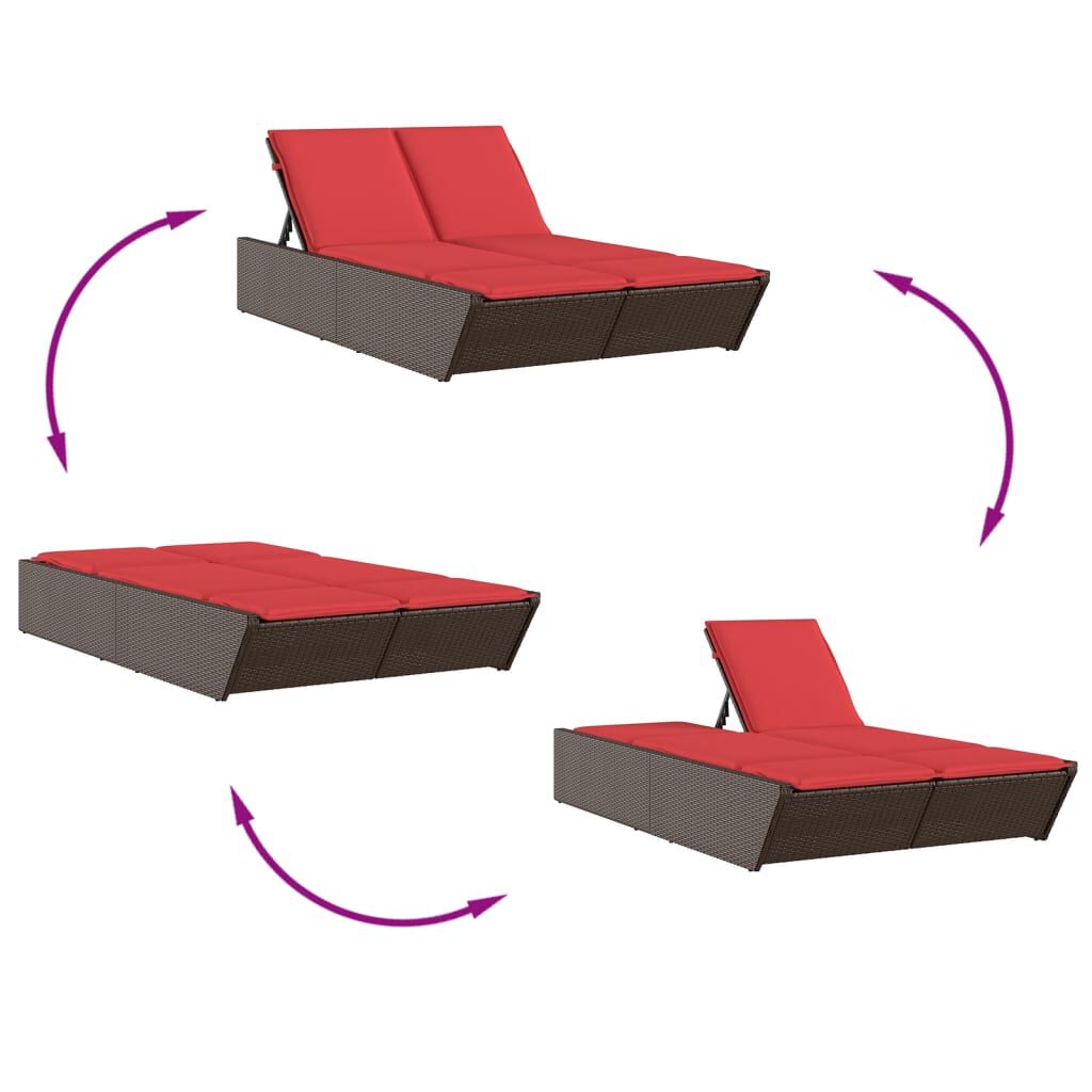vidaXL Double Sun Lounger with Cushions Brown Poly Rattan