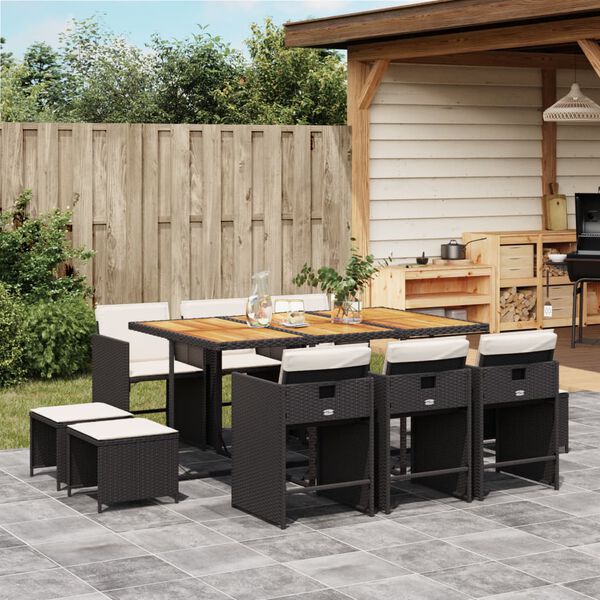 vidaXL 11 Piece Garden Dining Set with Cushions Black Poly Rattan