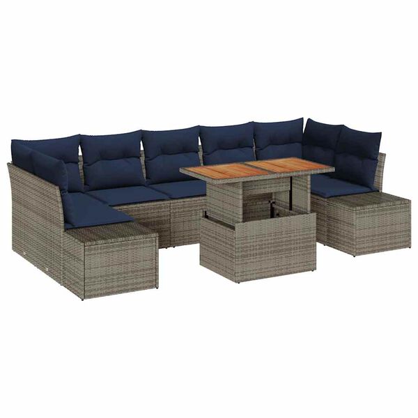vidaXL Garden Dining Set with Cushion 8 pcs Grey and Navy