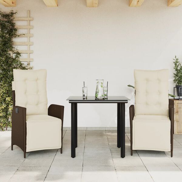 vidaXL 3 Piece Garden Dining Set with Cushions Brown Poly Rattan