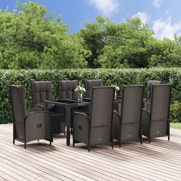 vidaXL 9 Piece Garden Dining Set with Cushions Black Poly Rattan