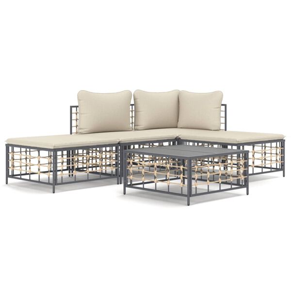 vidaXL 5 Piece Garden Lounge Set with Cushions Anthracite Poly Rattan