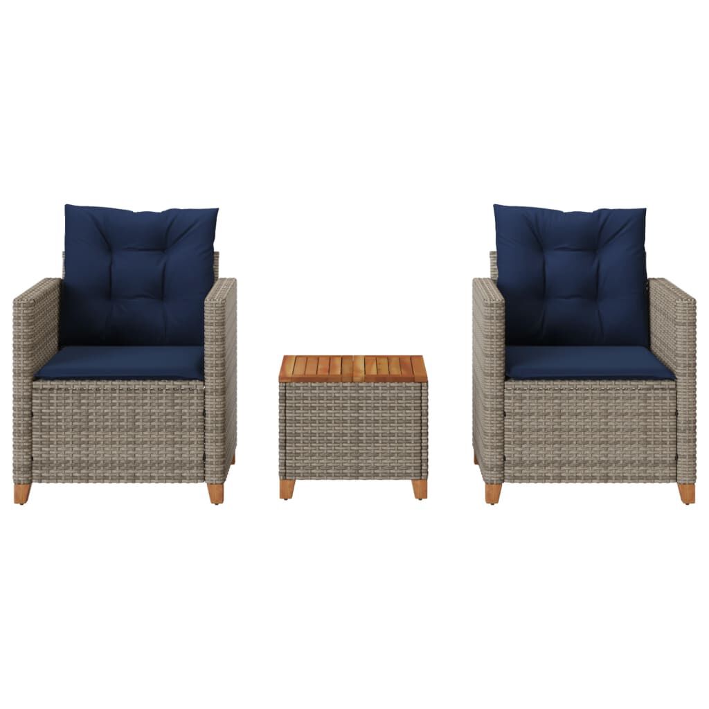 vidaXL 3 Piece Bistro Set with Cushions Grey Poly Rattan Acacia Wood