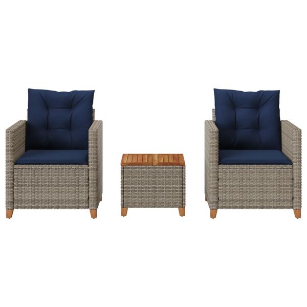 vidaXL 3 Piece Bistro Set with Cushions Grey Poly Rattan Acacia Wood