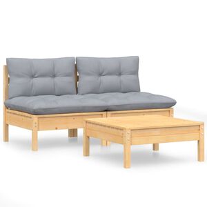 vidaXL 3 Piece Garden Lounge Set with Grey Cushions Pinewood