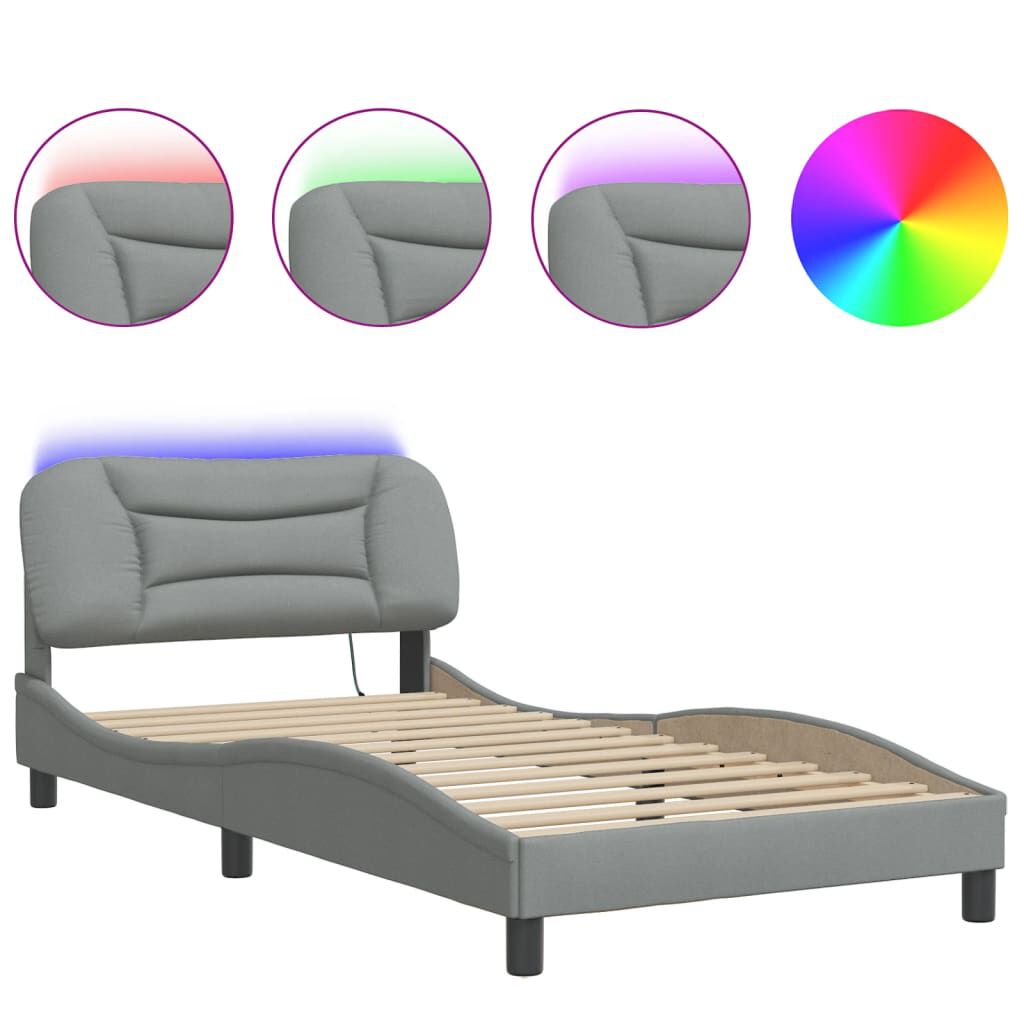 vidaXL Bed Frame with LED without Mattress Light Grey 100x203 cm Fabric