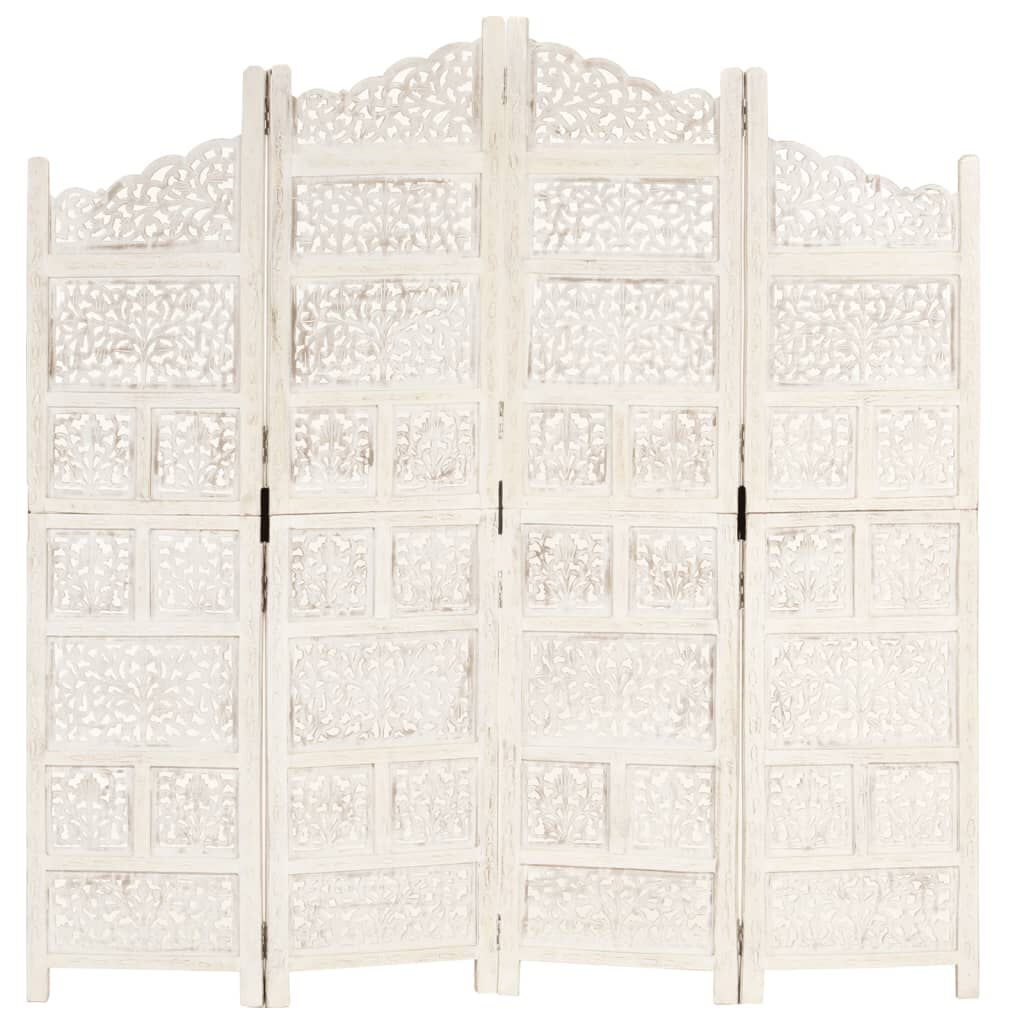 vidaXL Hand carved 4-Panel Room Divider White 160x165 cm Solid Mango Wood