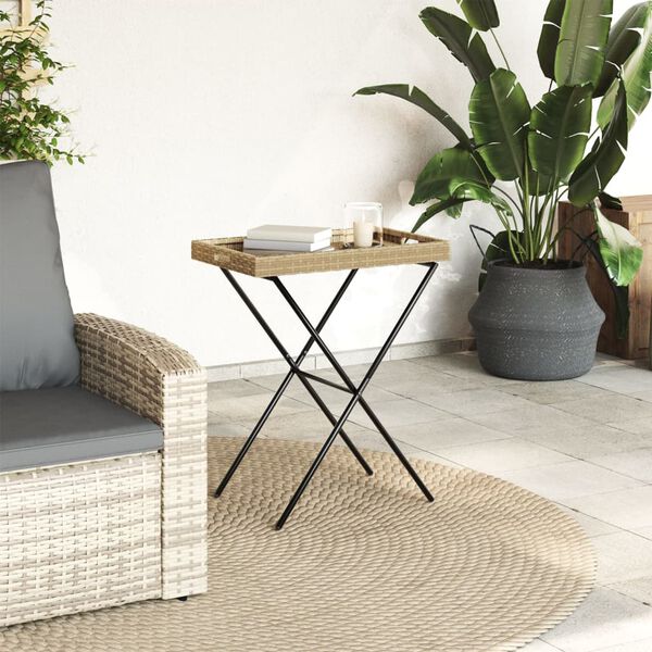 vidaXL Folding Tray Table Beige 65x40x75 cm Poly Rattan