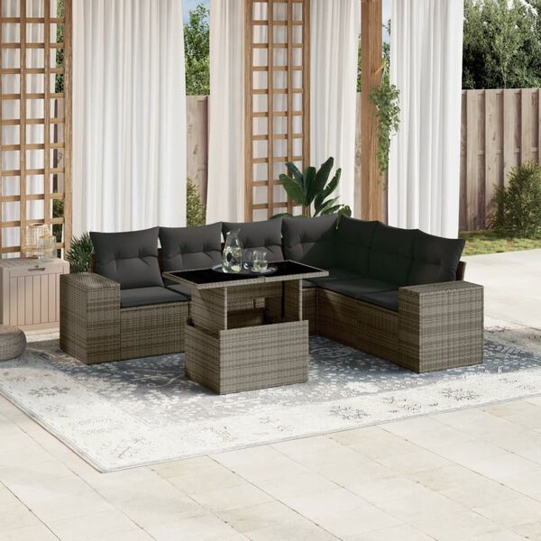 vidaXL 7 Piece Garden Sofa Set with Cushions Grey Poly Rattan