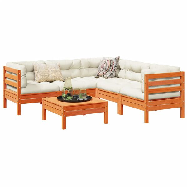 vidaXL 6 Piece Garden Sofa Set with Cushions Wax Brown Solid Wood Pine