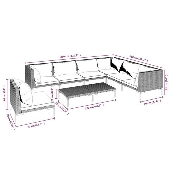 vidaXL 8 Piece Garden Lounge Set with Cushions Poly Rattan Dark Grey