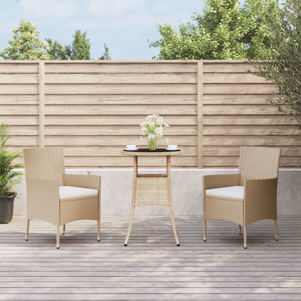 vidaXL 3 Piece Garden Bistro Set with Cushions Beige Poly Rattan