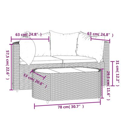 vidaXL 3 Piece Garden Lounge Set with Cushions Brown Poly Rattan