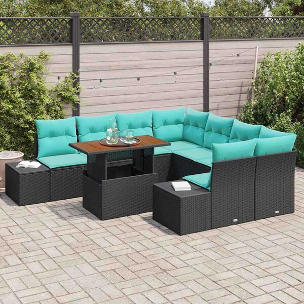 vidaXL Garden Sofa Set with Storage 9 pcs Black Poly rattan