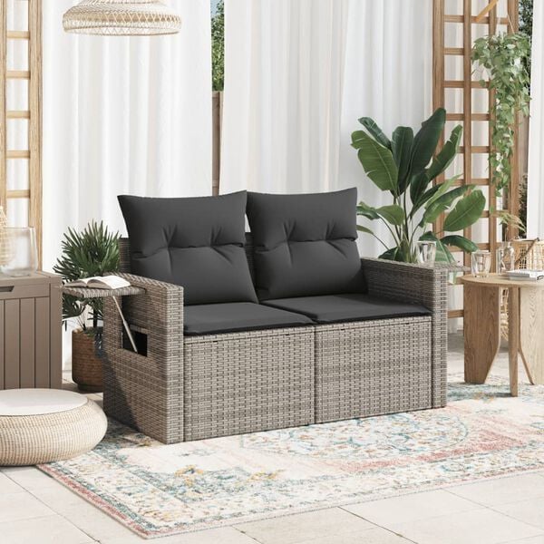 vidaXL Garden Sofa with Cushions 2-Seater Grey Poly Rattan