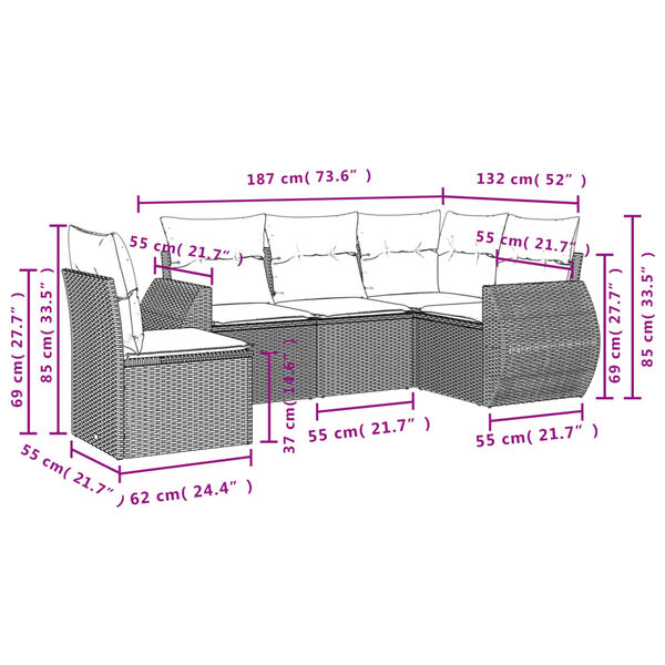 vidaXL 5 Piece Garden Sofa Set with Cushions Black Poly Rattan