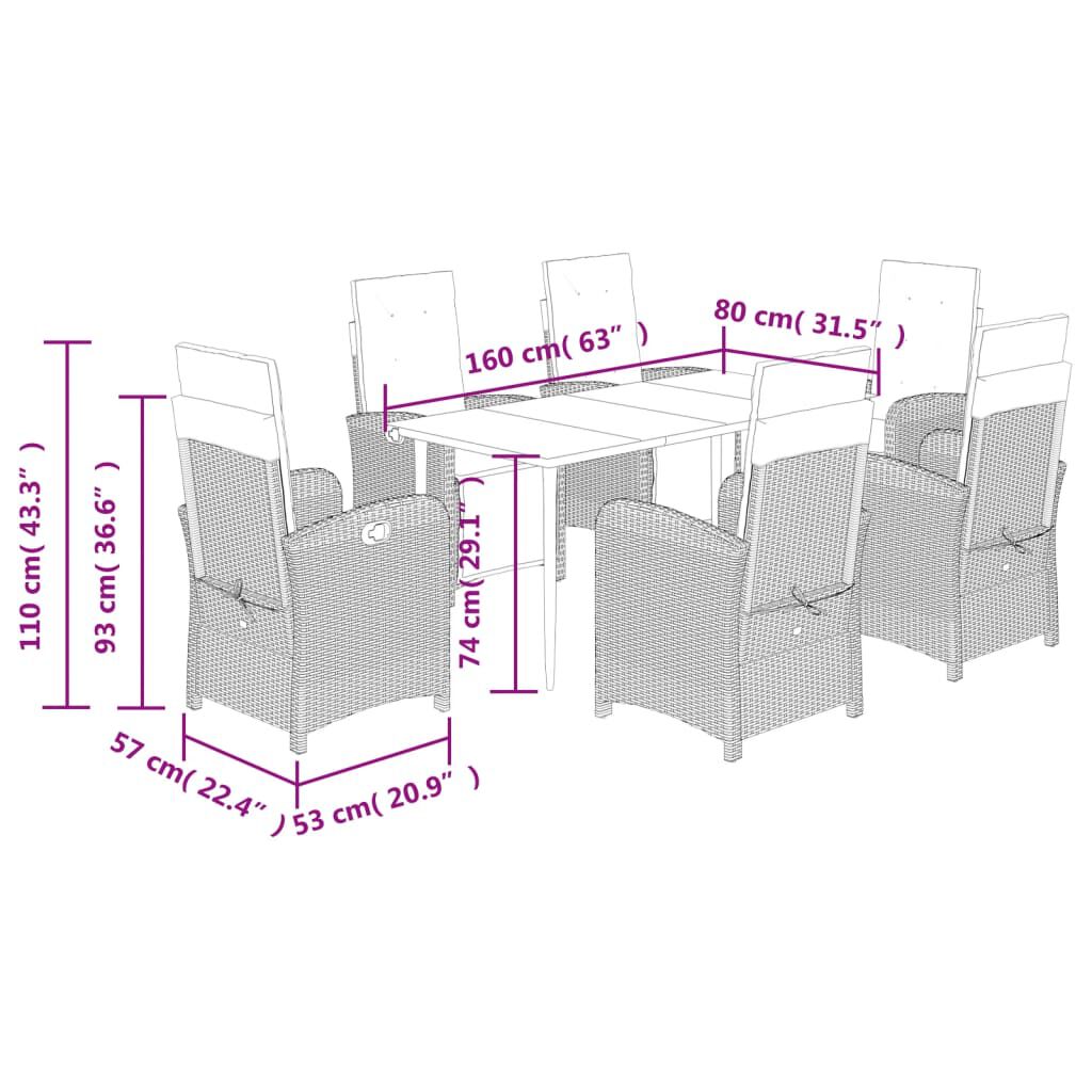 vidaXL 7 Piece Garden Dining Set with Cushions Brown Poly Rattan
