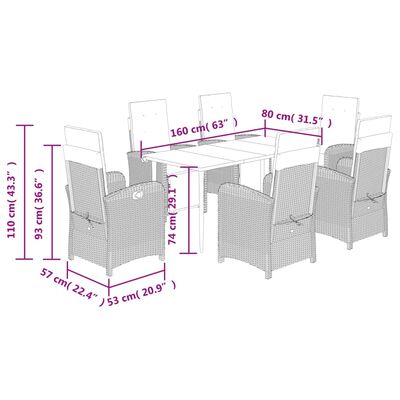 vidaXL 7 Piece Garden Dining Set with Cushions Brown Poly Rattan