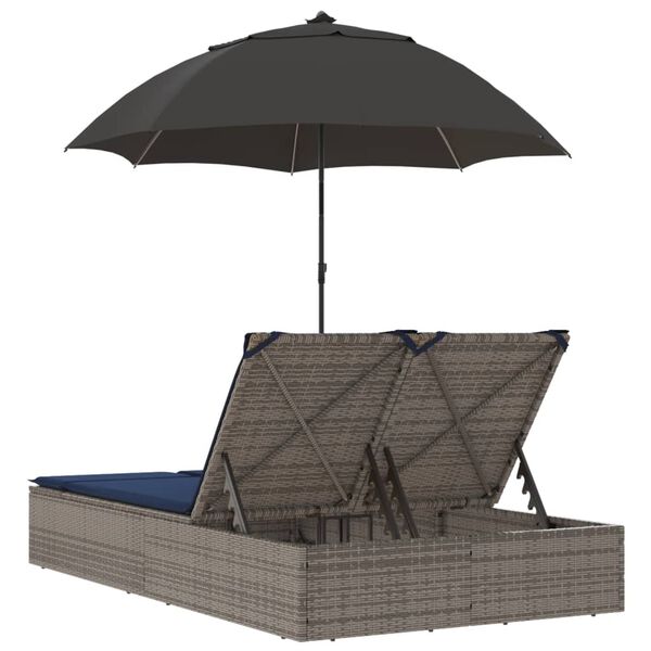 vidaXL Double Sun Lounger with Cushions&Parasol Grey Poly Rattan