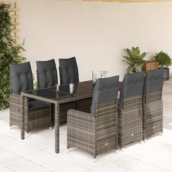 vidaXL 7 Piece Garden Bistro Set with Cushions Grey Poly Rattan