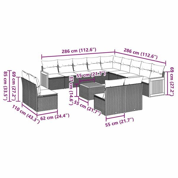 vidaXL 14 Piece Garden Sofa Set with Cushions Black Poly Rattan