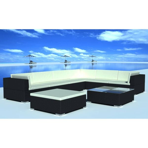 vidaXL 8 Piece Garden Lounge Set with Cushions Poly Rattan Black