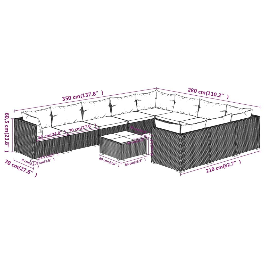 vidaXL 11 Piece Garden Lounge Set with Cushions Poly Rattan Brown