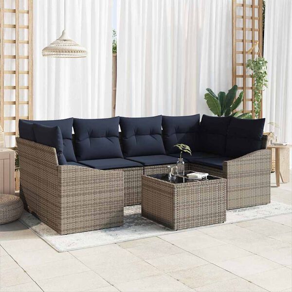 vidaXL Sofa Set with Cushion 7 pcs Grey and Navy Poly Rattan
