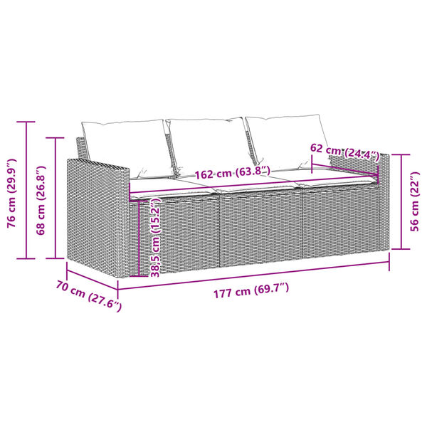 vidaXL Garden Sofa with Cushions 3-Seater Grey Poly Rattan