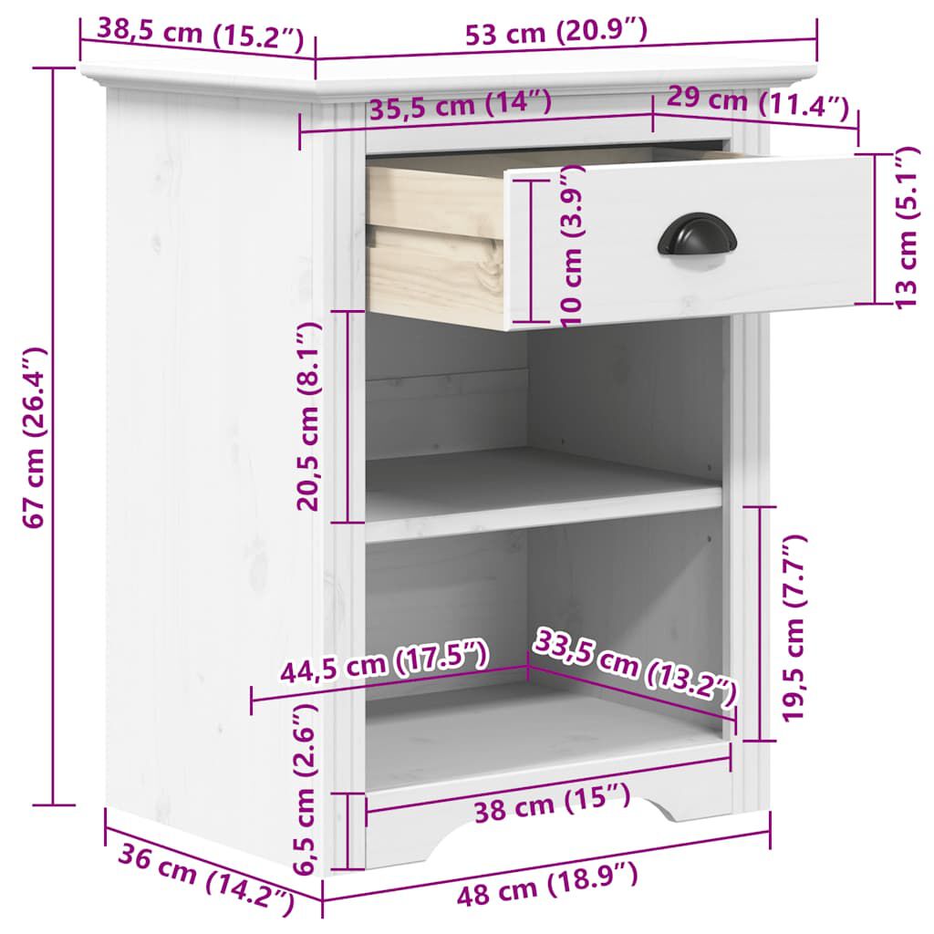 vidaXL Bedside Cabinet BODO White 53x38.5x66 cm Solid Wood Pine
