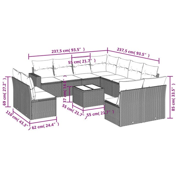 vidaXL 12 Piece Garden Sofa Set with Cushions Brown Poly Rattan