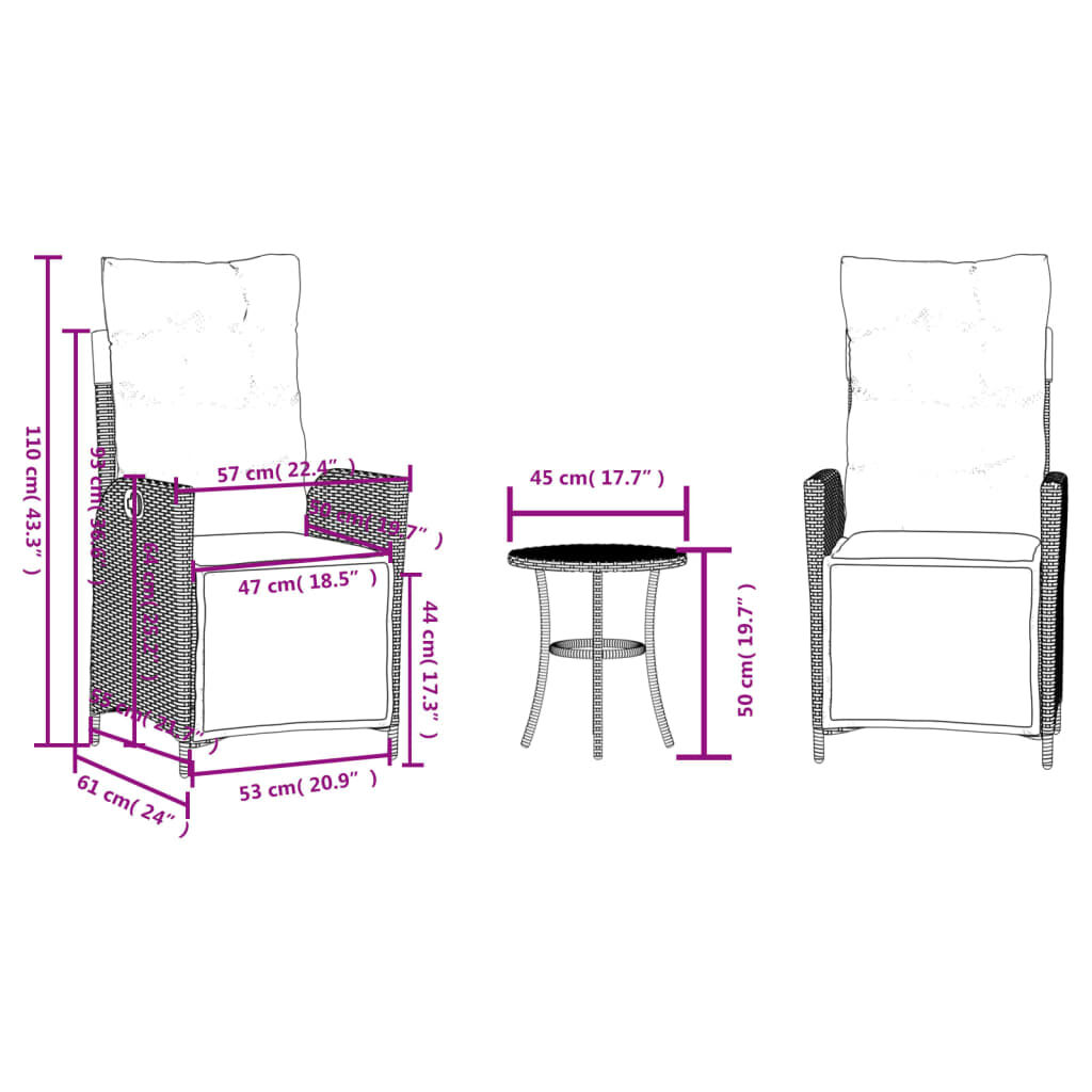 vidaXL 3 Piece Bistro Set with Cushions Grey Poly Rattan