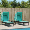 vidaXL Sun Loungers 2 pcs with Canopies and Table Black Poly Rattan