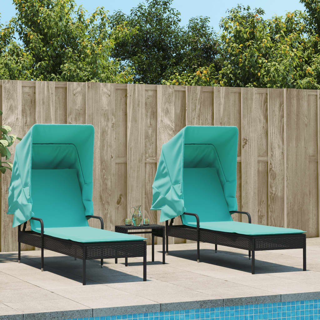 vidaXL Sun Loungers 2 pcs with Canopies and Table Black Poly Rattan
