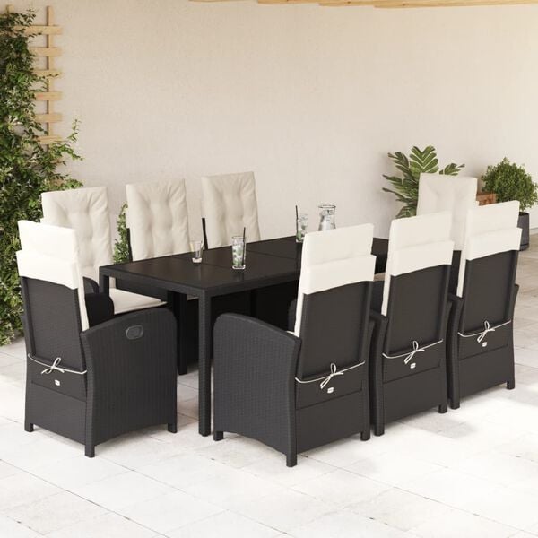 vidaXL 9 Piece Garden Dining Set with Cushions Black Poly Rattan