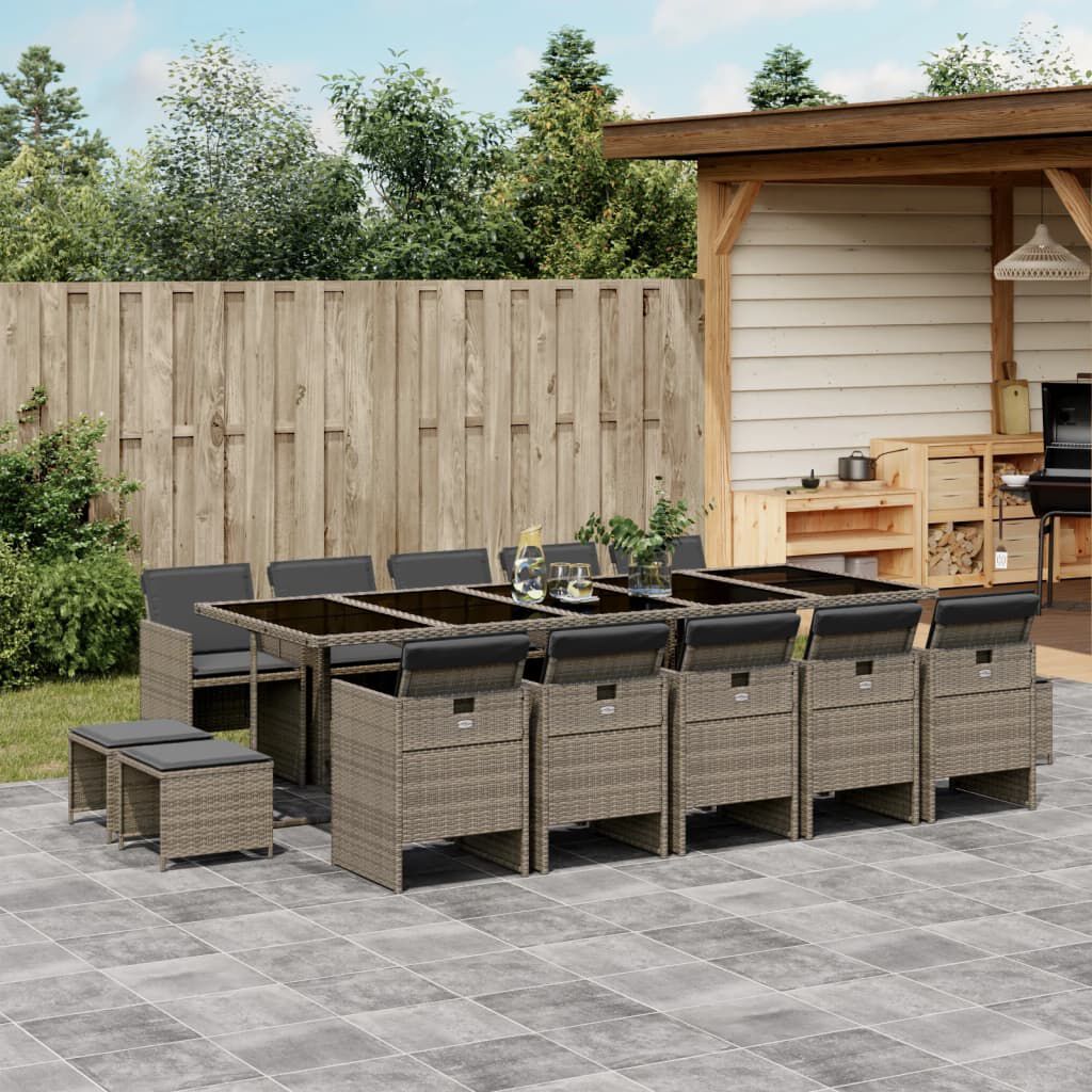 vidaXL 15 Piece Garden Dining Set with Cushions Grey Poly Rattan