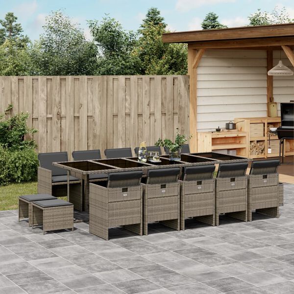 vidaXL 15 Piece Garden Dining Set with Cushions Grey Poly Rattan
