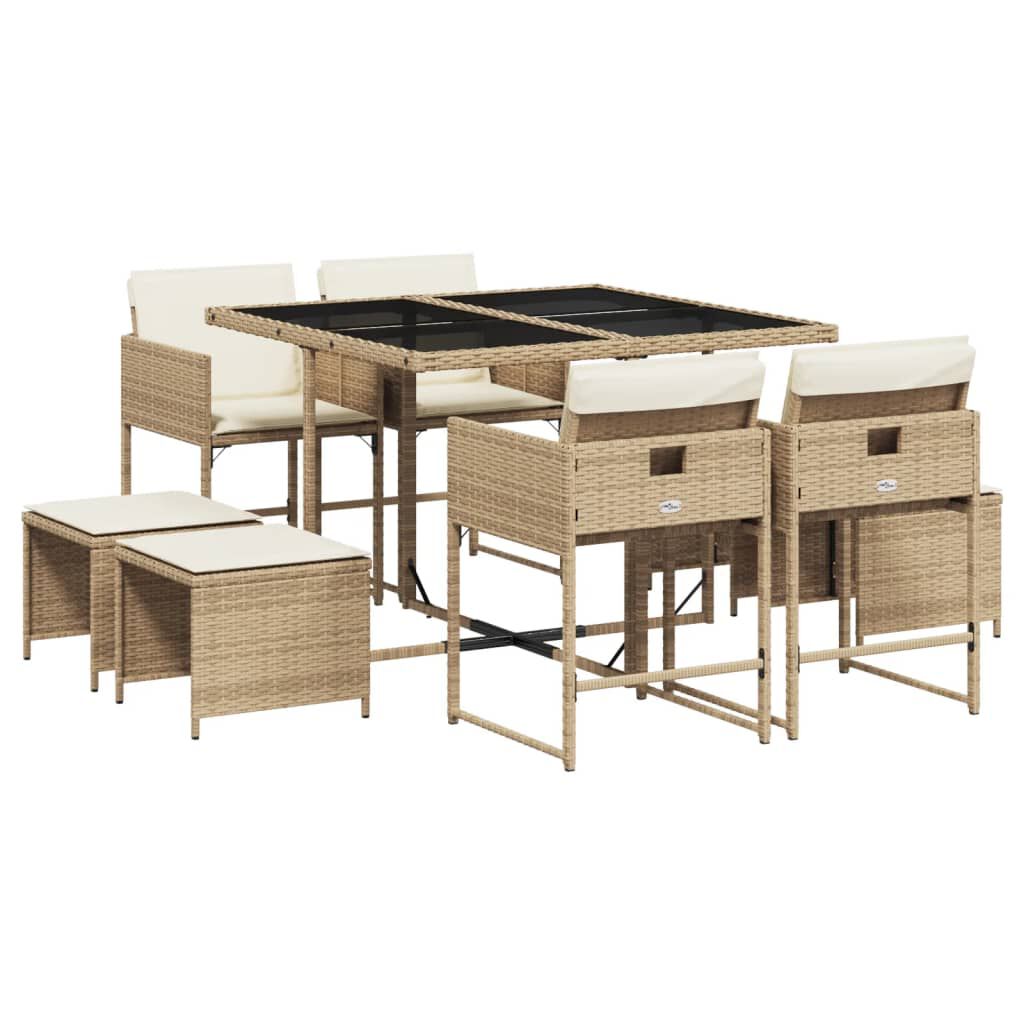 vidaXL 9 Piece Garden Dining Set with Cushions Beige Poly Rattan