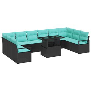 vidaXL Garden Sofa Set with Cushion 11 pcs Black and blue Poly Rattan