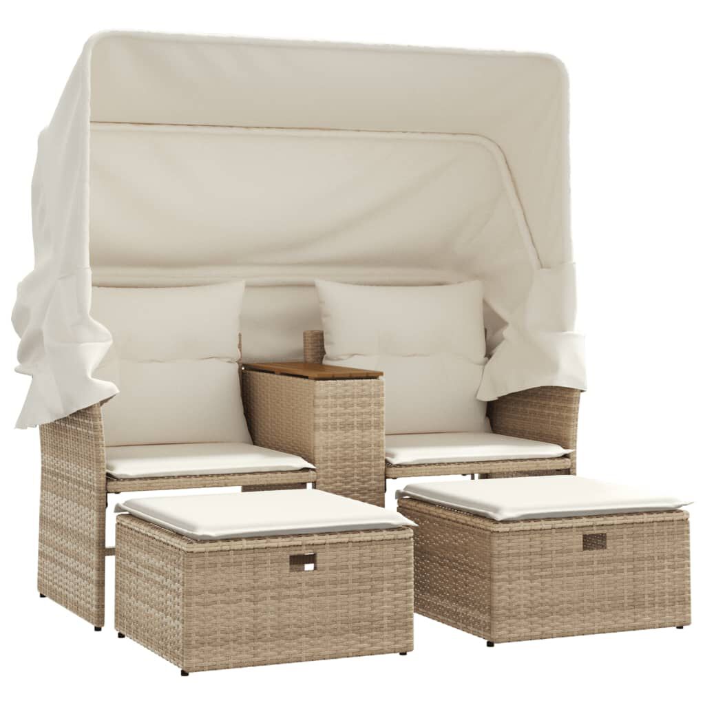 vidaXL Garden Sofa 2-Seater with Canopy and Stools Beige Poly Rattan