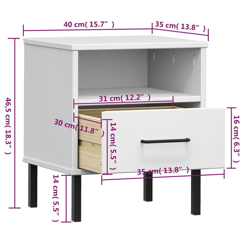vidaXL Bedside Cabinet with Metal Legs White Solid Wood Pine OSLO
