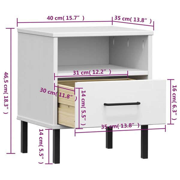 vidaXL Bedside Cabinet with Metal Legs White Solid Wood Pine OSLO