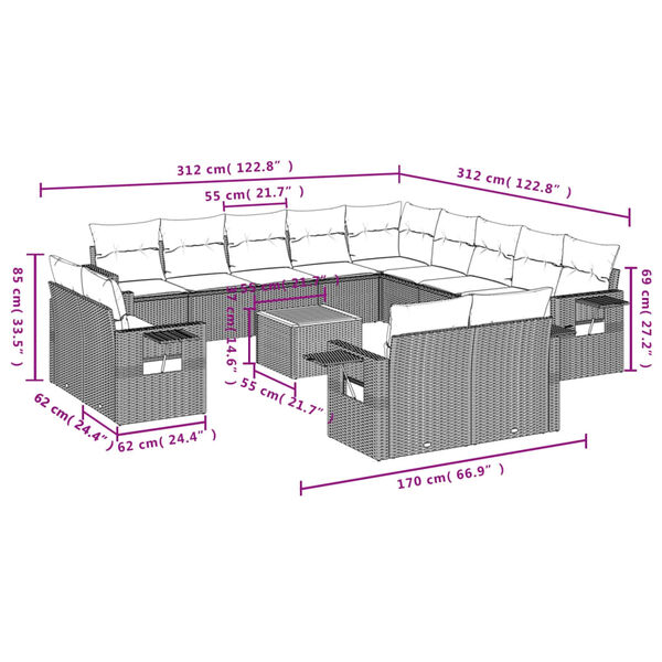 vidaXL 14 Piece Garden Sofa Set with Cushions Grey Poly Rattan