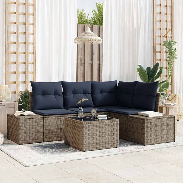 vidaXL Garden Sofa Set with Cushion 5 pcs Grey Poly Rattan