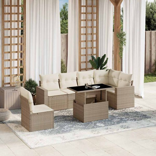 vidaXL 7 Piece Garden Sofa Set with Cushions Beige Poly Rattan