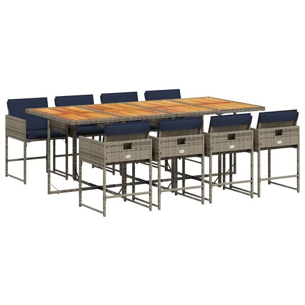 vidaXL 9 Piece Garden Dining Set with Cushions Grey Poly Rattan