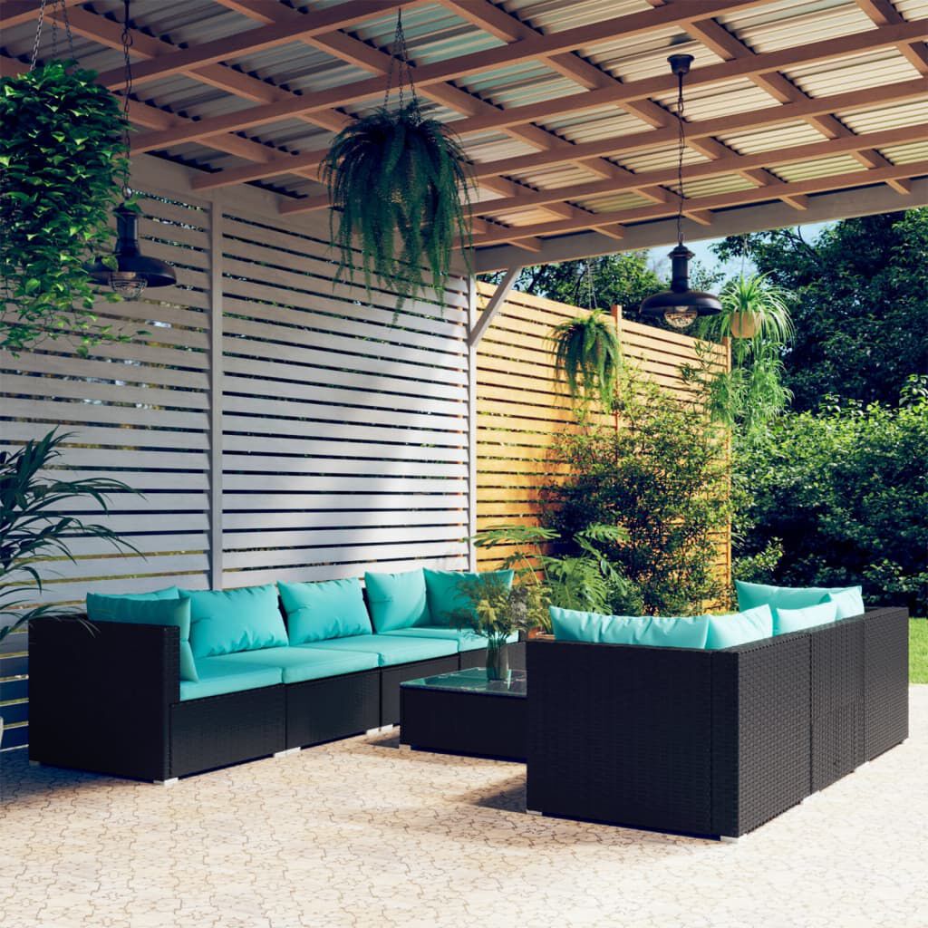 vidaXL 8 Piece Garden Lounge Set with Cushions Poly Rattan Black