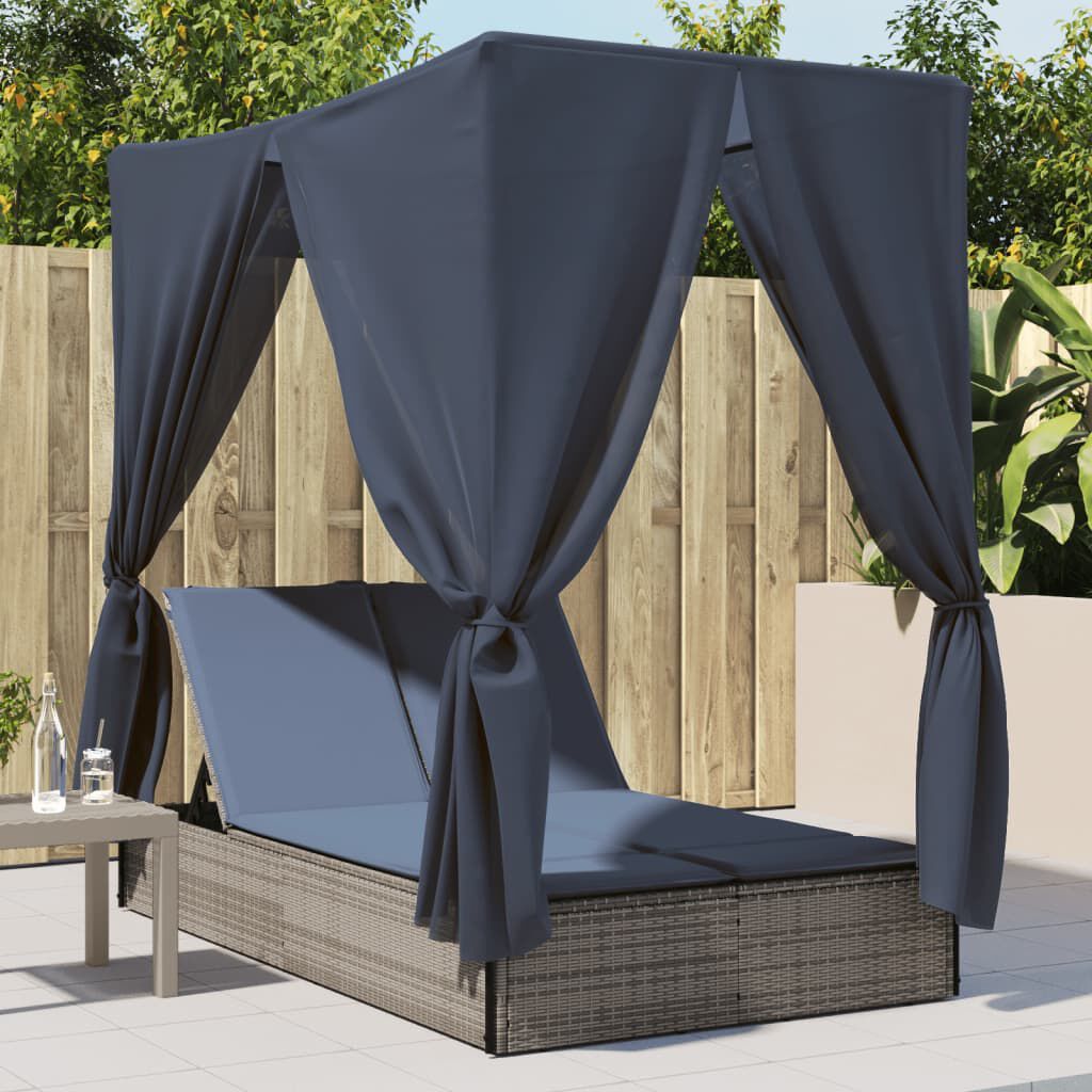 vidaXL Double Sun Lounger with Roof and Curtains Grey Poly Rattan