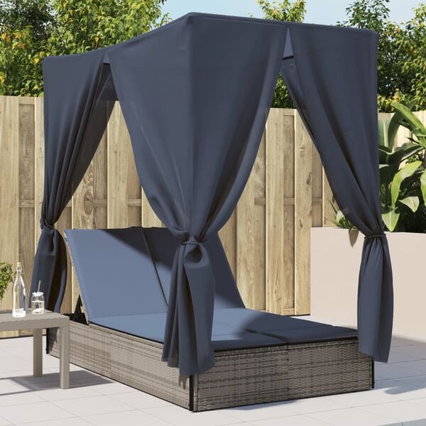 vidaXL Double Sun Lounger with Roof and Curtains Grey Poly Rattan